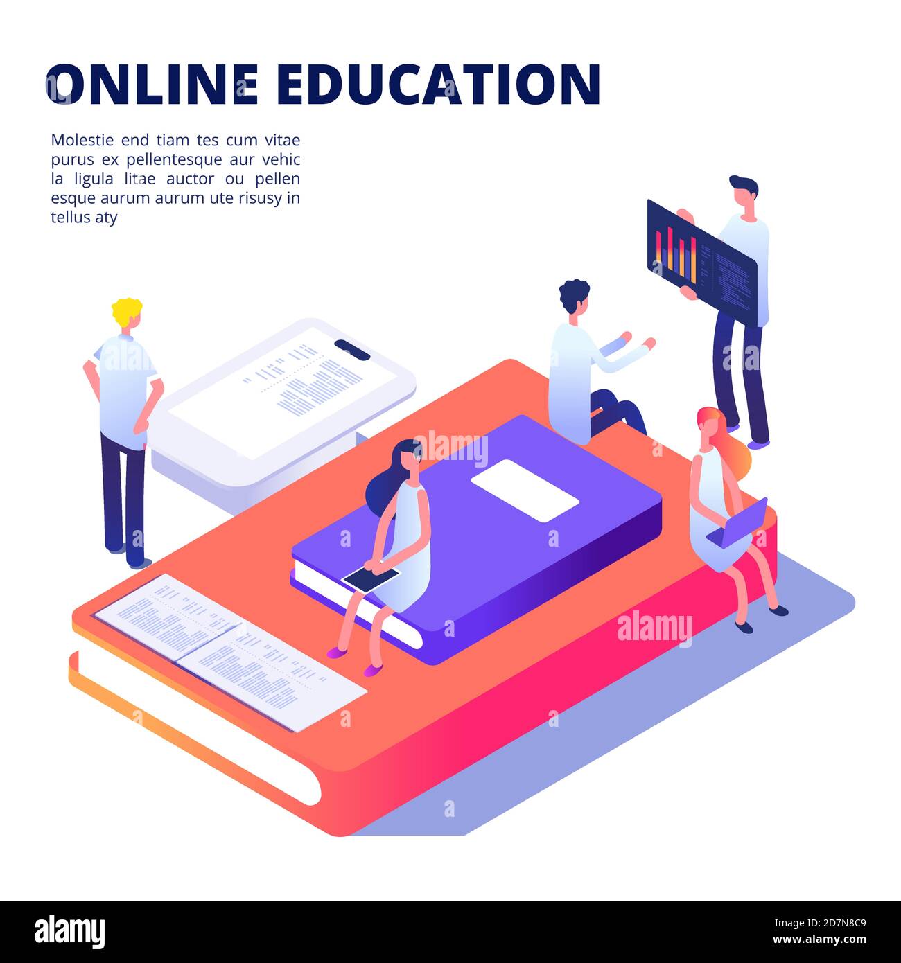 Concept de vecteur isométrique d'éducation en ligne avec des livres, des étudiants. Etude isométrique de l'éducation, étudiant avec illustration de livre Illustration de Vecteur