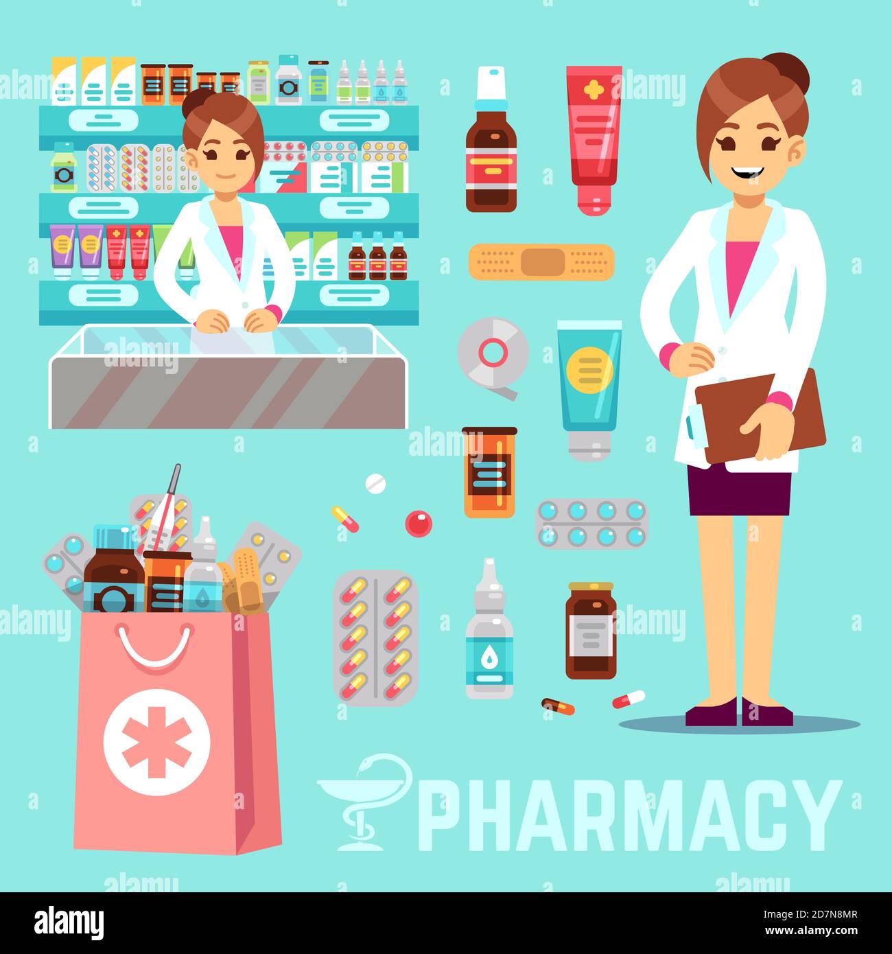 Éléments vectoriels pharmaceutiques avec pharmacien et médicaments féminins. Ensemble d'icônes de pharmacie. Illustration de la pharmacienne, de la pharmacie et de la médecine du magasin Illustration de Vecteur