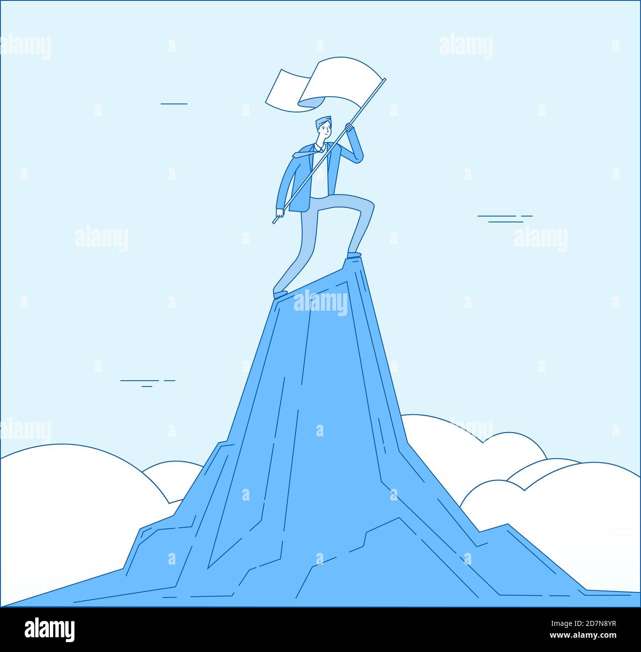 Pic de montagne de l'homme. Le gagnant d'un homme d'affaires prospère bénéficie d'un drapeau sur le dessus. Réalisation d'entreprise concept de vecteur de motivation victorieux. Illustration du gagnant, de la réussite et de l'objectif de l'entreprise Mountain Achievement Illustration de Vecteur