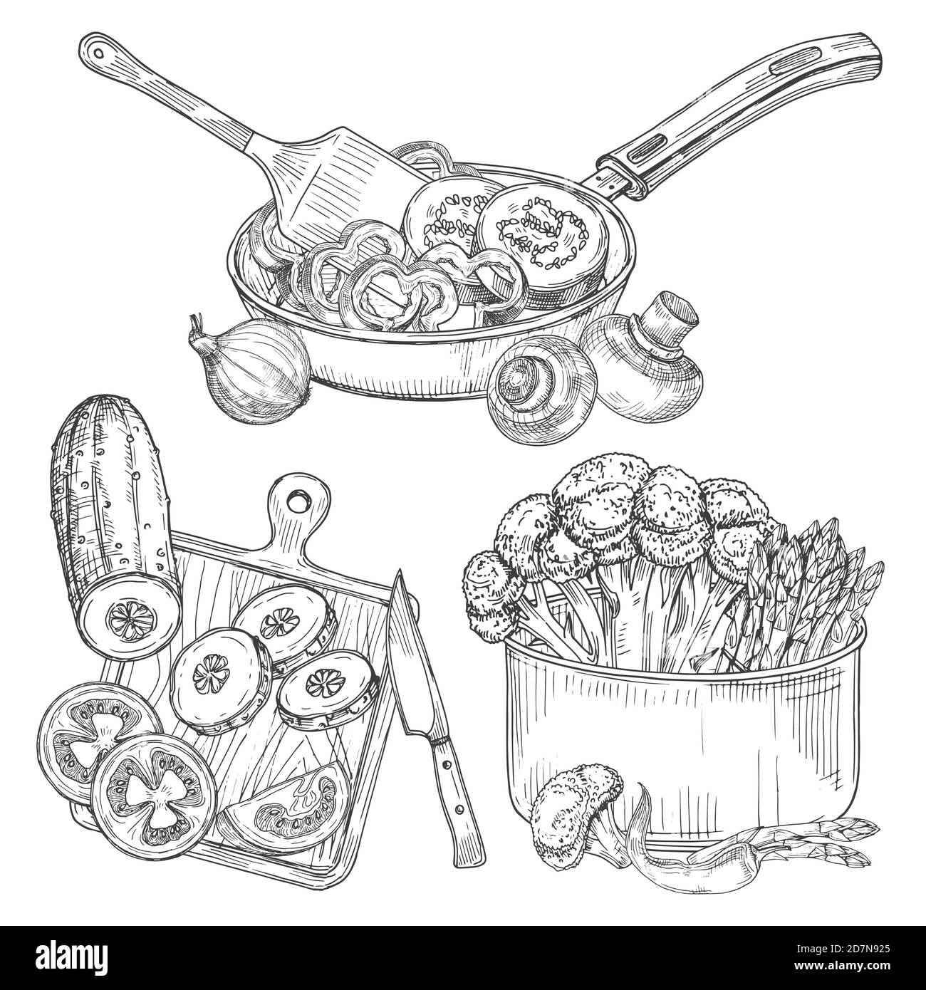 Cuisson de légumes, plats et légumes croquis illustration vectorielle. Cuisson des ingrédients de légumes, délicieuse cuisine, concombre et champignons Illustration de Vecteur