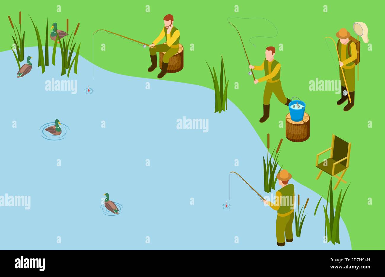 Pêcheurs sur le lac. Concept de pêche isométrique vectoriel. Passe-temps masculin, loisirs en plein air. Illustration pêche dans le lac, les pêcheurs attendent Illustration de Vecteur