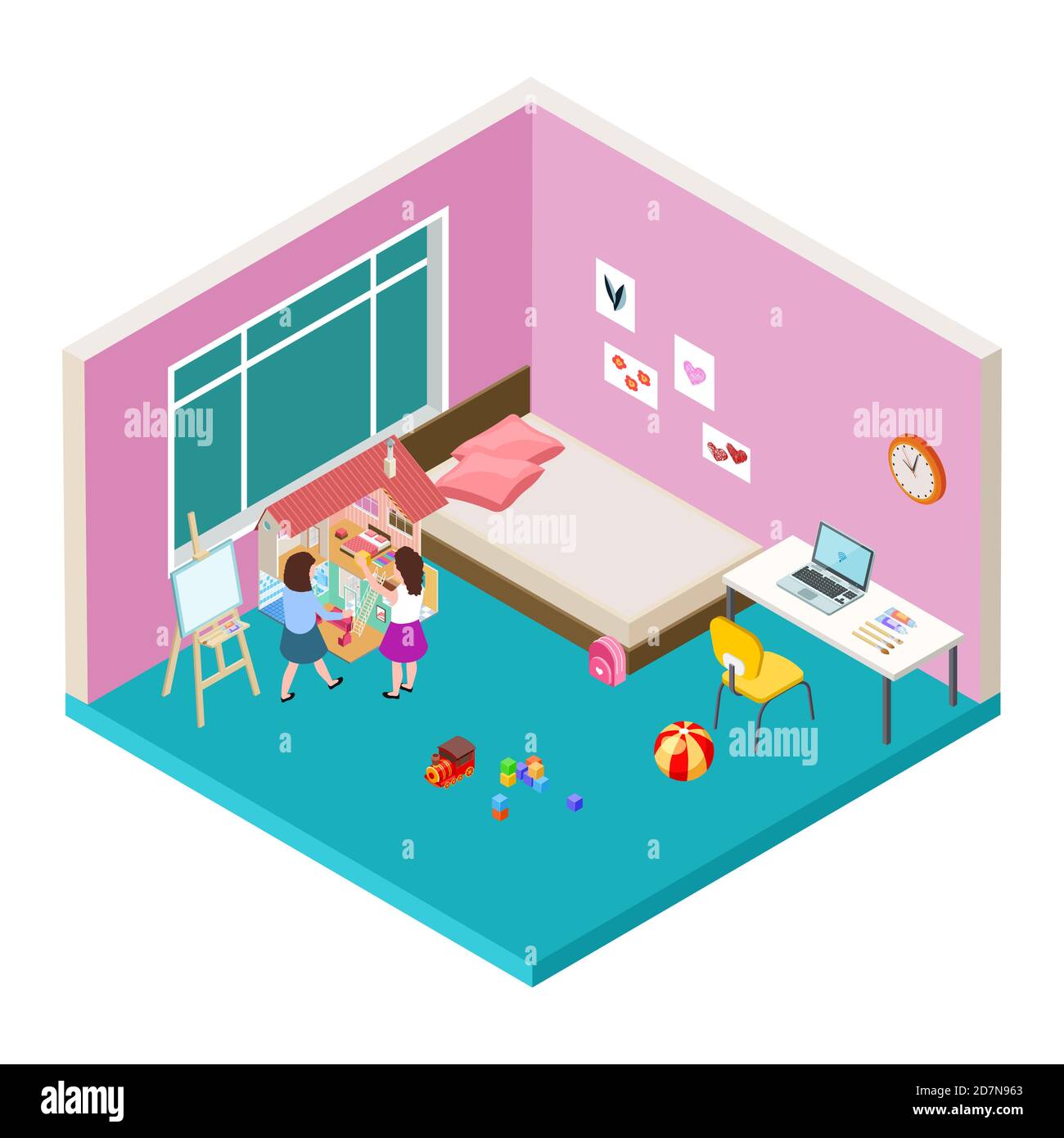 Pépinière isométrique. Deux filles jouent avec la grande maison de poupées. Vecteur Happy enfance concept. Illustration d'une chambre intérieure en 3d avec des enfants Illustration de Vecteur