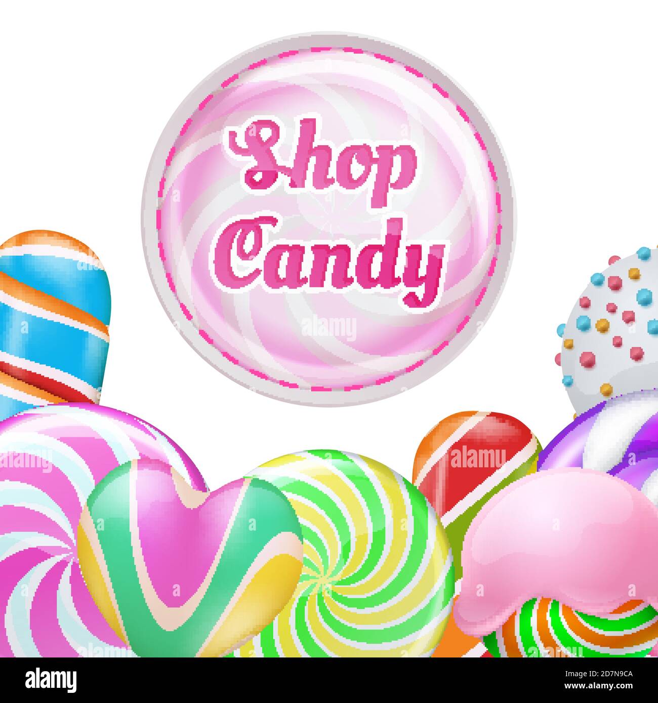 Fond de lollipops réaliste vectoriel - design de bannière de boutique de bonbons. Illustration de sucettes sucreries, sucettes savoureuses et réalistes Illustration de Vecteur