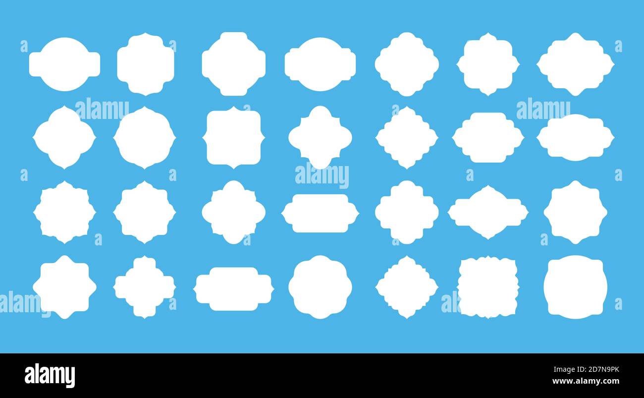 Étiquette de cadre vierge. Formes de badges vides vintage pour les messages texte. Étiquette blanc rétro, carte élégante décoration éléments vecteur isolé ensemble. Illustration étiquette carte rectangulaire, étiquette papier spécial Illustration de Vecteur