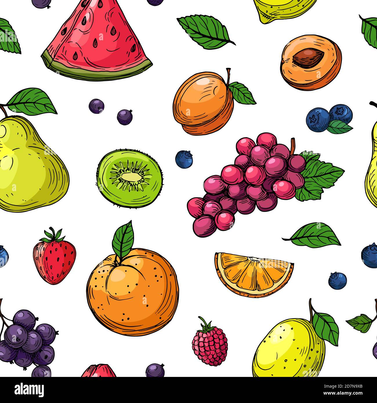 Motif fruits et baies sans coutures. Orange et raisins, poire kiwi, pastèque et fraise, papier peint vectoriel de framboise de fruits de pêche. Illustration du kiwi et de la pastèque, du citron et de la fraise Illustration de Vecteur