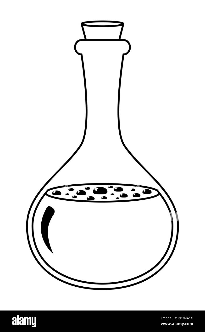 Forme de contour de la potion magique .Elixir en verre bouteille vecteur ligne art isolé sur blanc. Illustration d'une fiole de contour avec substance chimique. Médecine Illustration de Vecteur