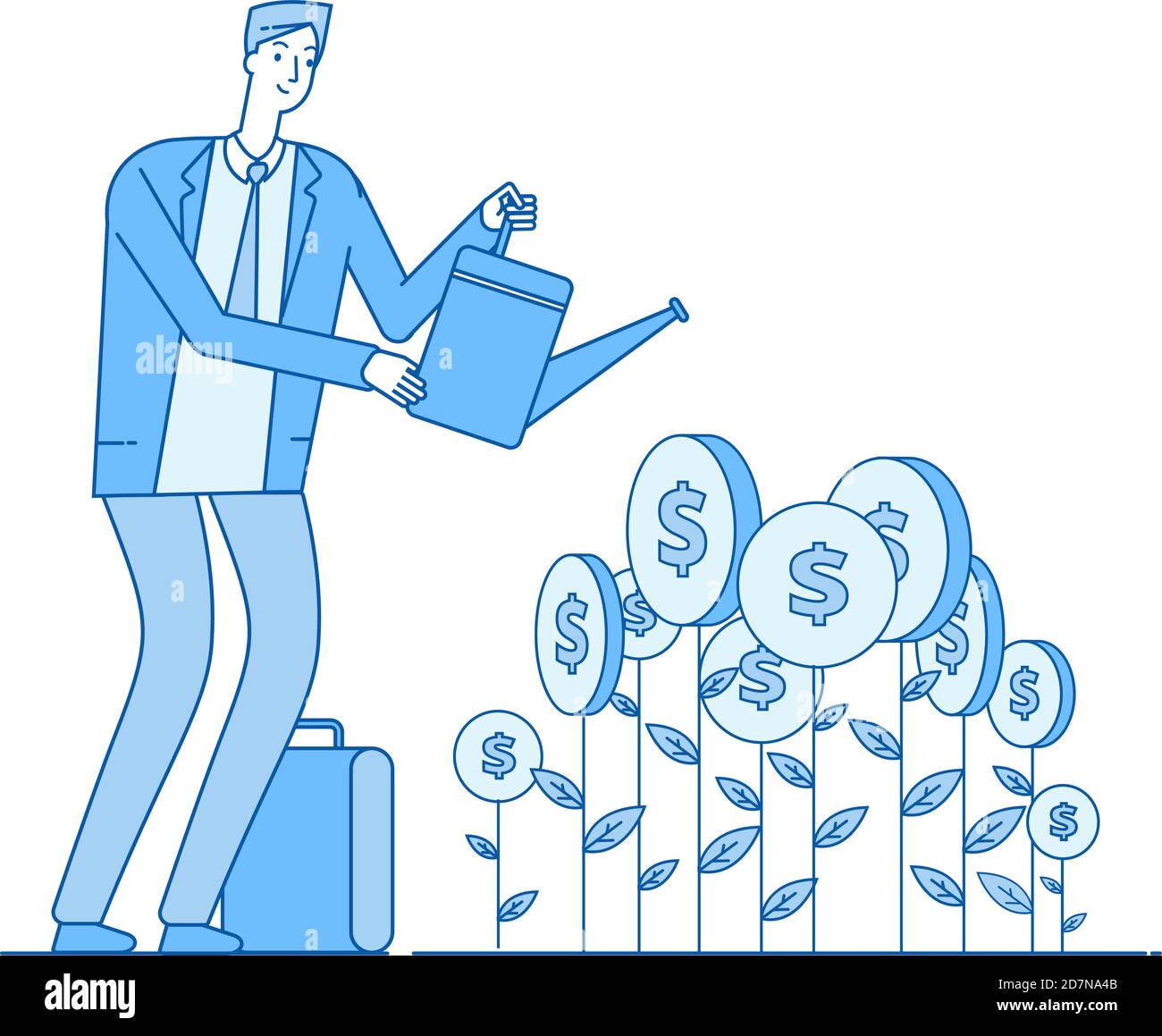 Retour sur investissement du financement. Un investisseur heureux développe des investissements d'argent faciles. Concept de vecteur de dividendes de financement d'opportunités commerciales. Illustration de la croissance de l'investissement, de l'argent de profit Illustration de Vecteur