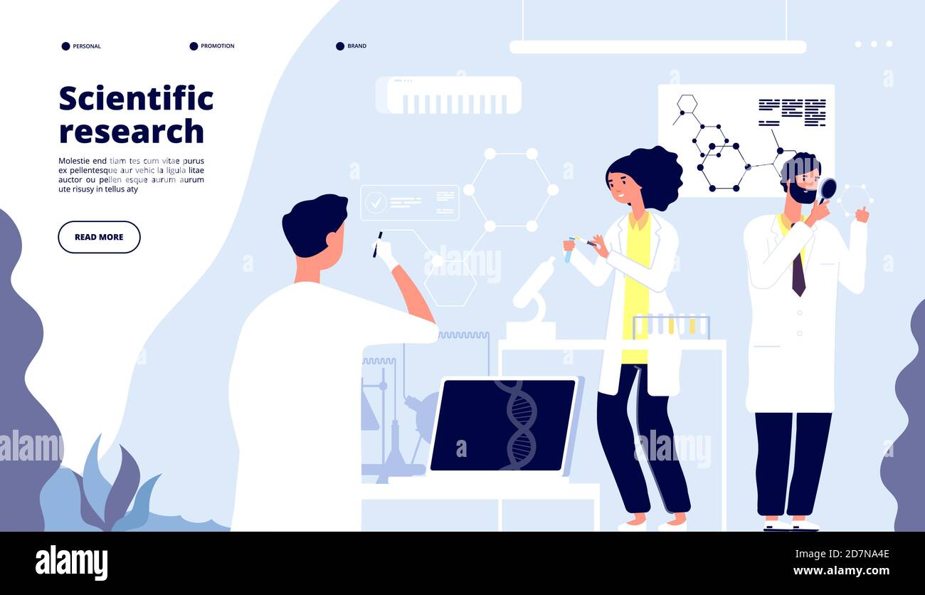 Atterrissage de la recherche scientifique. Scientifiques en laboratoire pharmaceutique, chercheurs en laboratoire avec des nano-éléments. Page vecteur médical. Illustration d'un chercheur scientifique, expérience en laboratoire scientifique Illustration de Vecteur