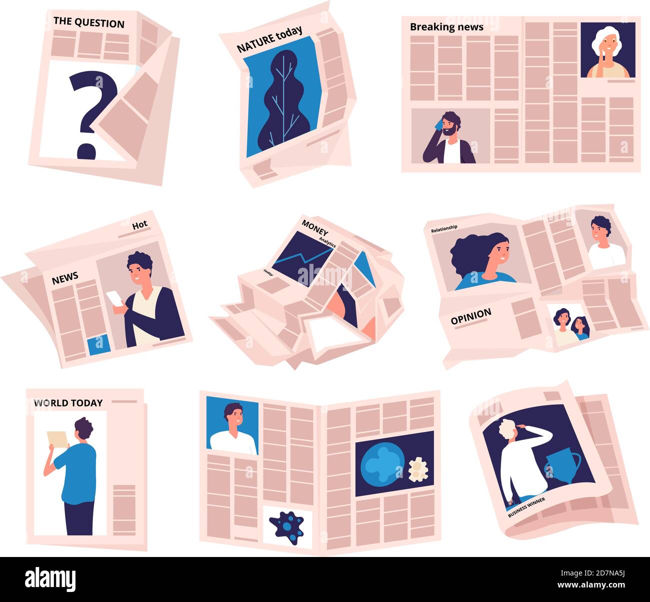 Journaux de périodes. Presse tabloïd moderne, paquet de journaux gronde des feuilles de papier. Jeu de vecteurs isolés de journaux de presse d'affaires. Page tabloïd, publication illustration du journal quotidien Illustration de Vecteur