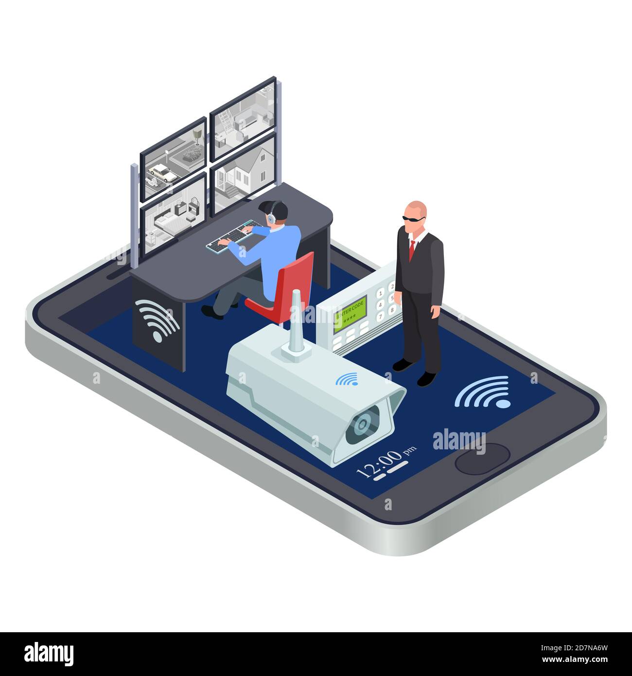 Concept de vecteur isométrique du système de sécurité mobile WiFi Connect. Sécurité réseau cctv sans fil utilisation d'un smartphone et illustration du système électronique Illustration de Vecteur