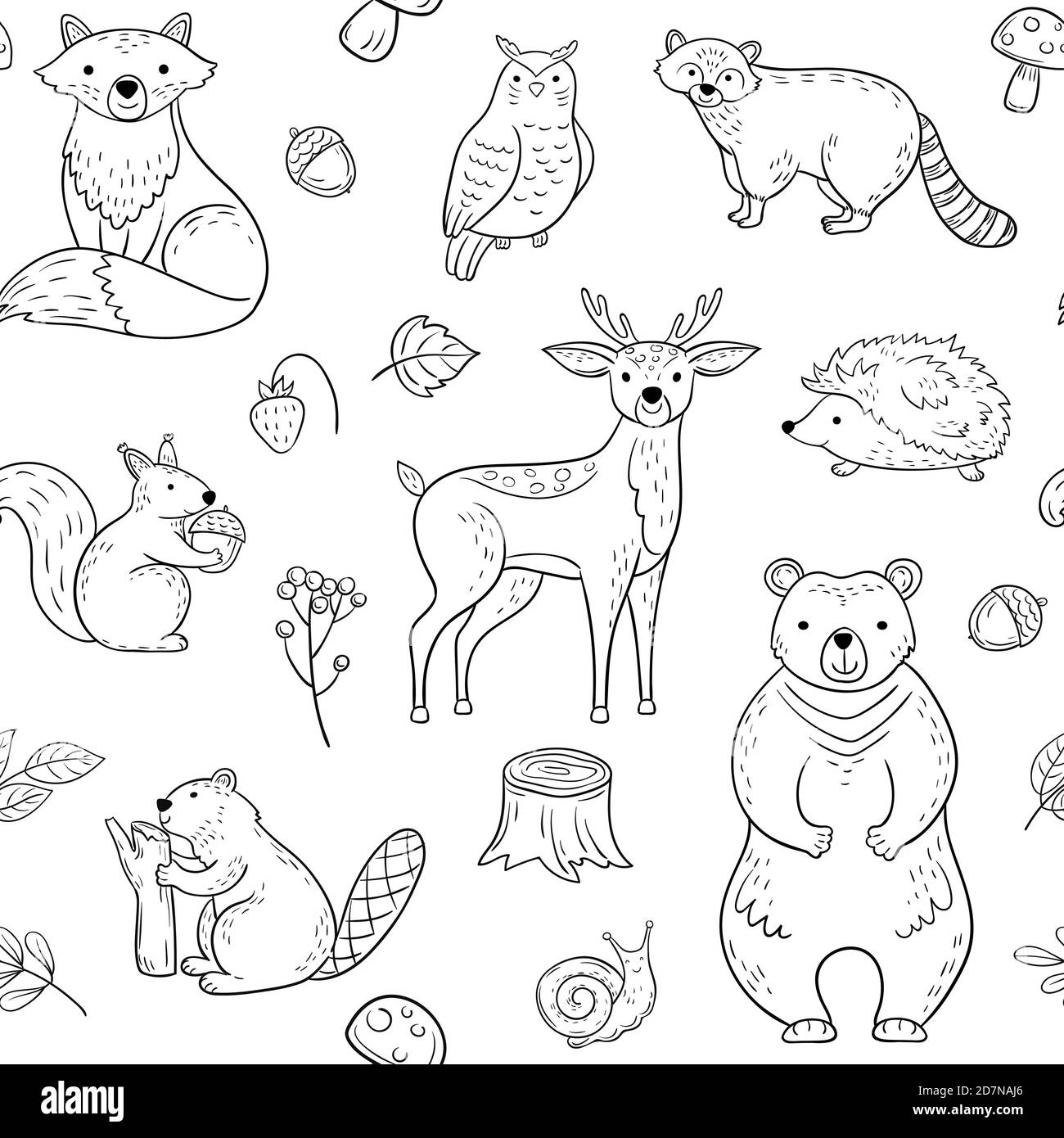 Animaux de la forêt modèle sans couture. Fox Owl Raccoon Beaver Bear Hedgehog Squirrel Fox. Papier peint vecteur pour bébé animal de forêt. Écureuil et ours, forêt répéter l'illustration de fond Illustration de Vecteur