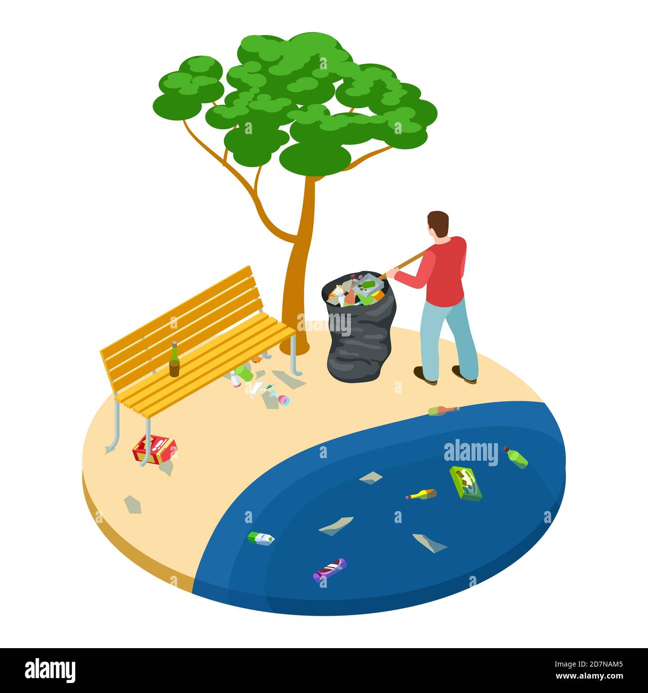 L'homme isométrique ramasse les déchets sur la plage, l'eau, l'océan et la nature pollution vecteur concept. Illustration de l'homme ramasser côte de déchets de polyéthylène Illustration de Vecteur