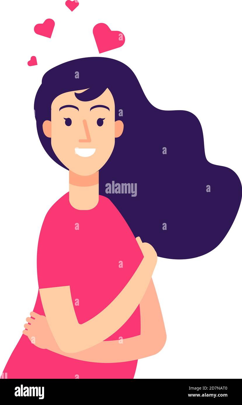 Femme auto-hug. Estime de la femme amour de soi, narcissique jeune fille souriante confiance en soi concept de vecteur créatif. Illustration du comportement de la femme estime de soi Illustration de Vecteur