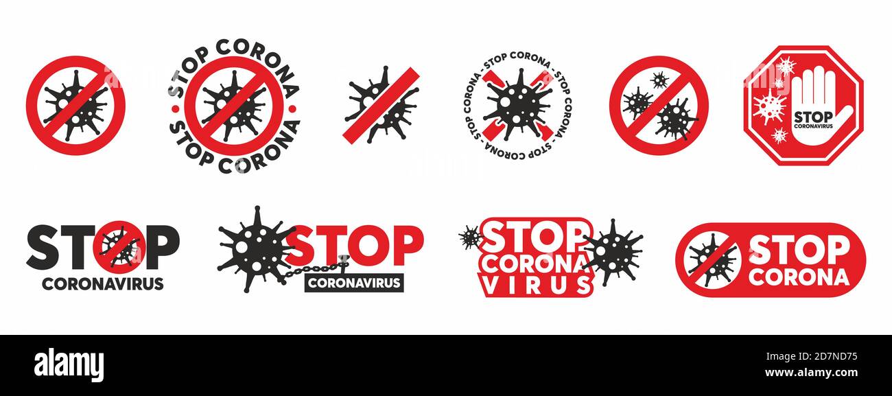 Ensemble de concepts de signe d'arrêt du coronavirus. Icônes d'alerte de risque pandémique covid-19 (2019-nCoV). Illustration de Vecteur