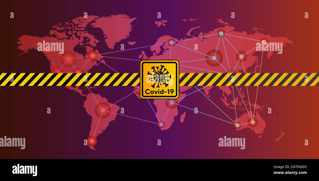 Schéma de connexion linéaire du Covid-19 entre les pays, bande de sécurité jaune et panneau d'avertissement sur la carte du monde Illustration de Vecteur