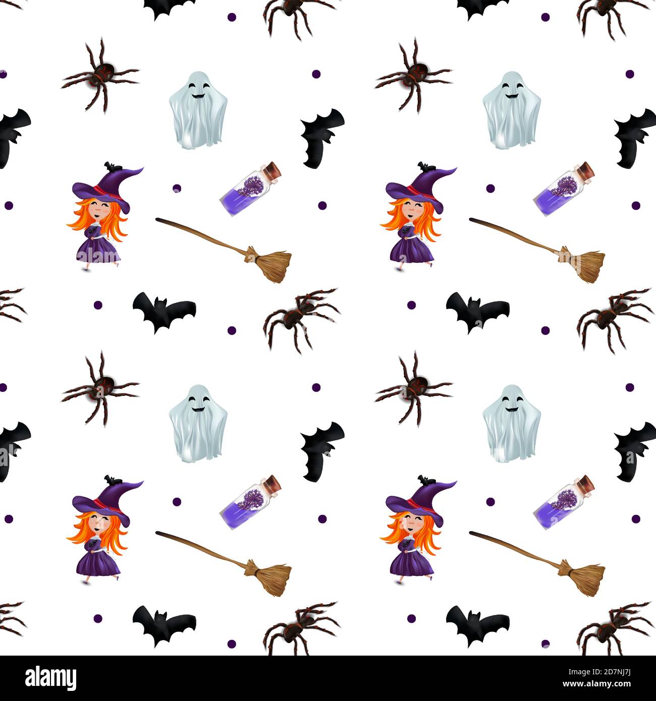 Joyeux Halloween, motif sans couture avec fantômes, petite sorcière, bâton de poulet, chauve-souris, potion magique sur fond transparent. Illustration vectorielle. Illustration de Vecteur