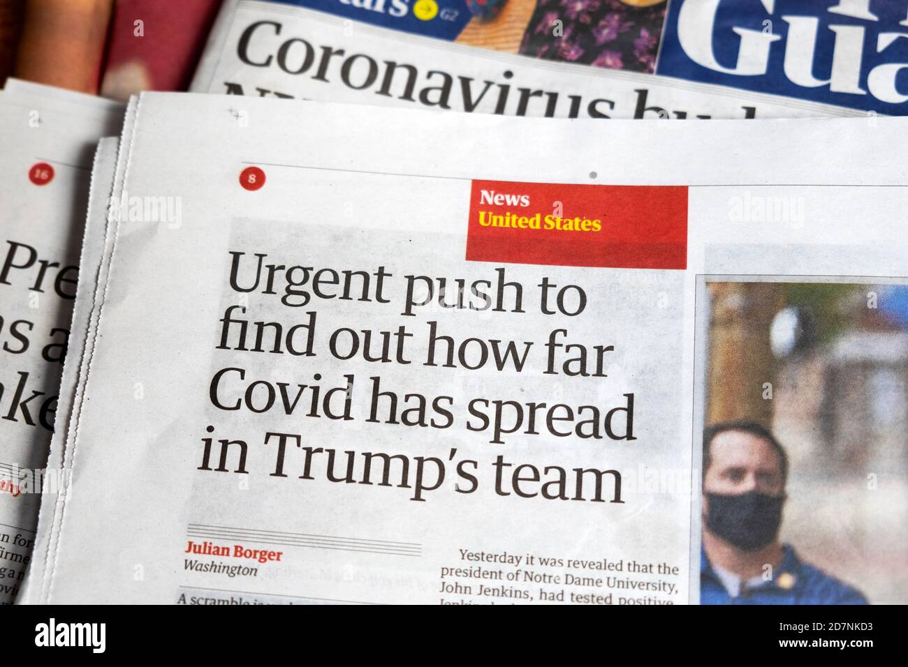 « il est urgent de découvrir jusqu'où Covid s'est propagé Dans le titre du journal du coronavirus Donald Trump de l'équipe de Trump dans Guardian Octobre 2020 Londres Royaume-Uni Banque D'Images