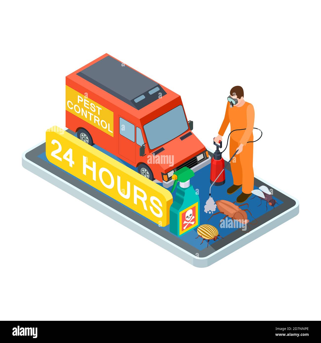 Contrôle des parasites isométrique. Service de désinfection Vector pour la maison et le bureau. Illustration du service de lutte antiparasitaire, de l'employé et de la camionnette Illustration de Vecteur