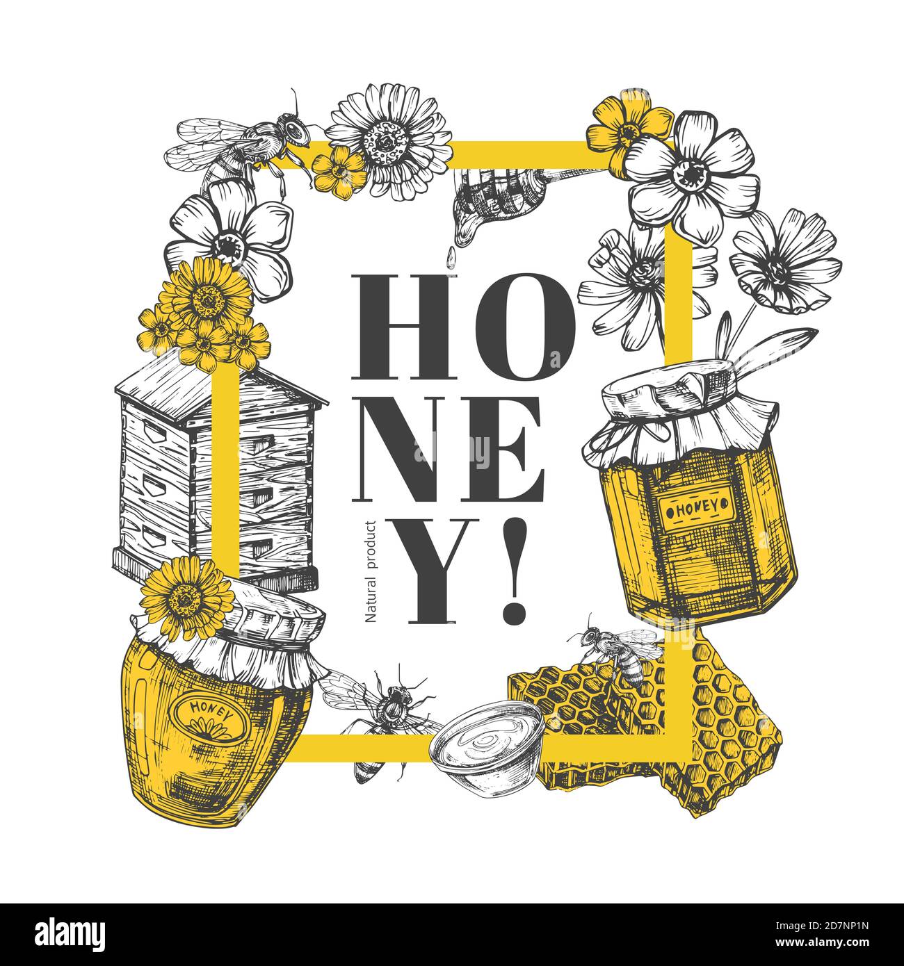 Dessin vectoriel de miel à la main Illustration, fond, conception de modèle de cadre. Miel bio et ruche, apiculture et apiculture Illustration de Vecteur