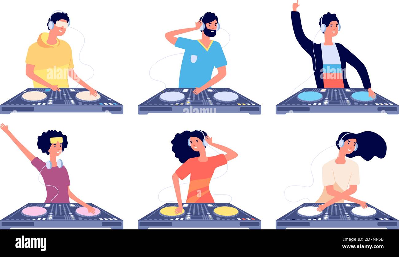 Personnages DJ. Les personnes qui ont un casque et un mélangeur de platine font de la musique contemporaine en club. Jeu de vecteurs isolés de disque rotatif DJ Guy. DJ discothèque, spectacle musical de boîte de nuit Illustration de Vecteur