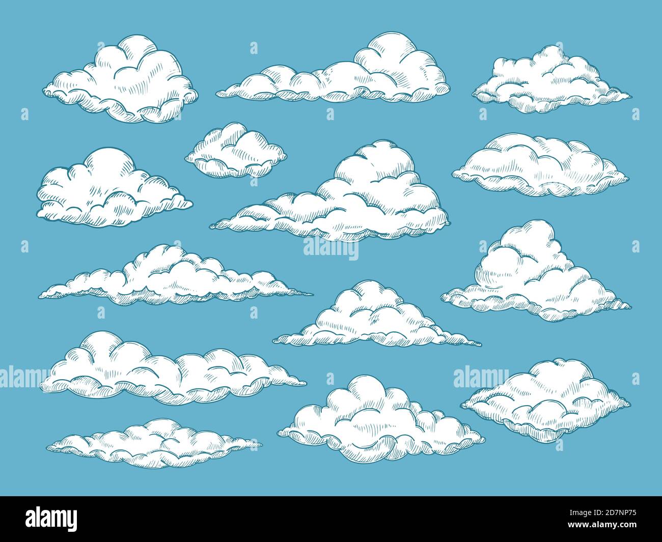 Nuages dessinés à la main. Dessiner à l'aide d'un crayon le ciel nuageux. Esquisse d'un nuage d'esquisse d'arrière-plan gravé avec un vecteur vintage. Dessin Cloudscape, illustration de nuages esquimeux dans l'atmosphère Illustration de Vecteur