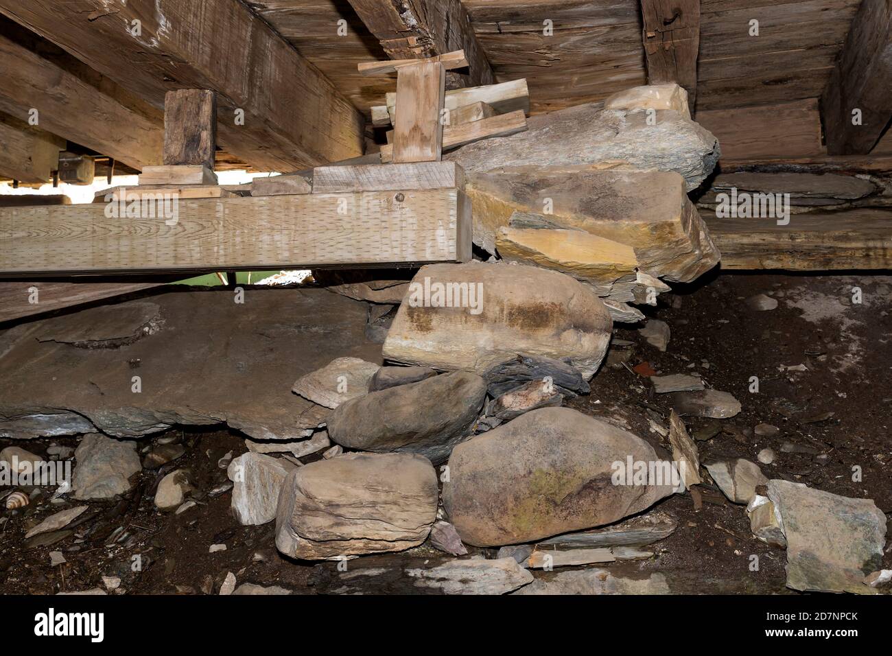 Un tas de rochers, des blocs de bois et une poutre en bois maintiennent un plancher dans un sous-sol inachevé. Le sol est sale et rocailleux. La lumière extérieure est visible à travers Banque D'Images