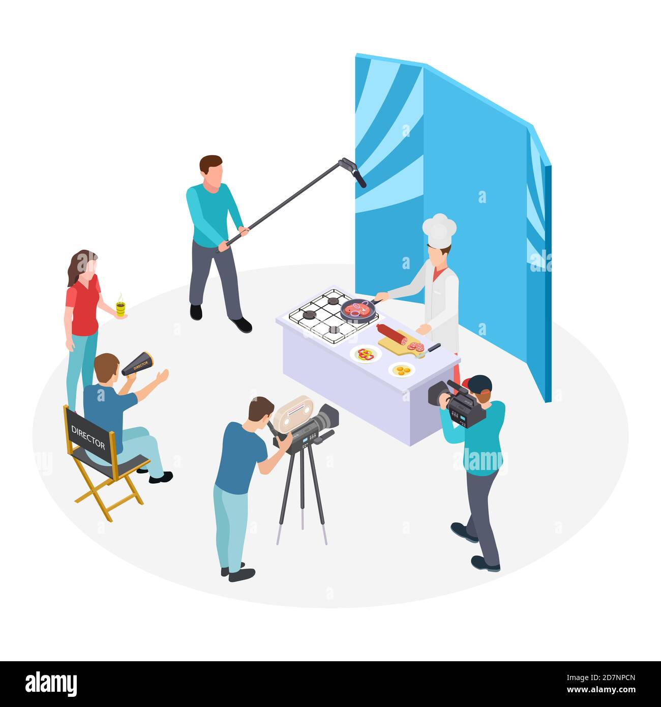 Programme TV de cuisine isométrique. Chef Vector et équipe de tournage. Séance de tournage. Illustration du chef cuisinant au programme tv, fabrication de nourriture Illustration de Vecteur