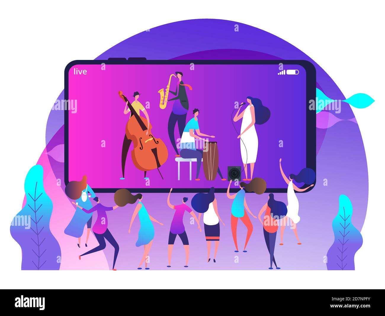 Concept de musique live au téléphone et dansant - illustration vectorielle de la fête de la musique en ligne. Musique en ligne, divertissement multimédia sur Internet Illustration de Vecteur