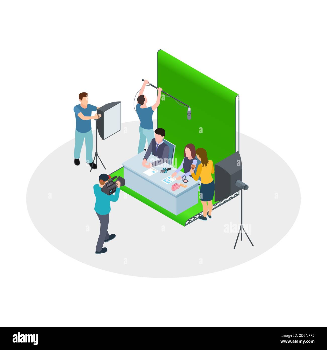 Tournage isométrique d'une émission télévisée. Hôtes de Vector TV, maquilleur, équipe de tournage. Production de spectacles, chaîne d'informations. Illustration d'un spectacle isométrique, d'une caméra et d'un programme de télévision Illustration de Vecteur