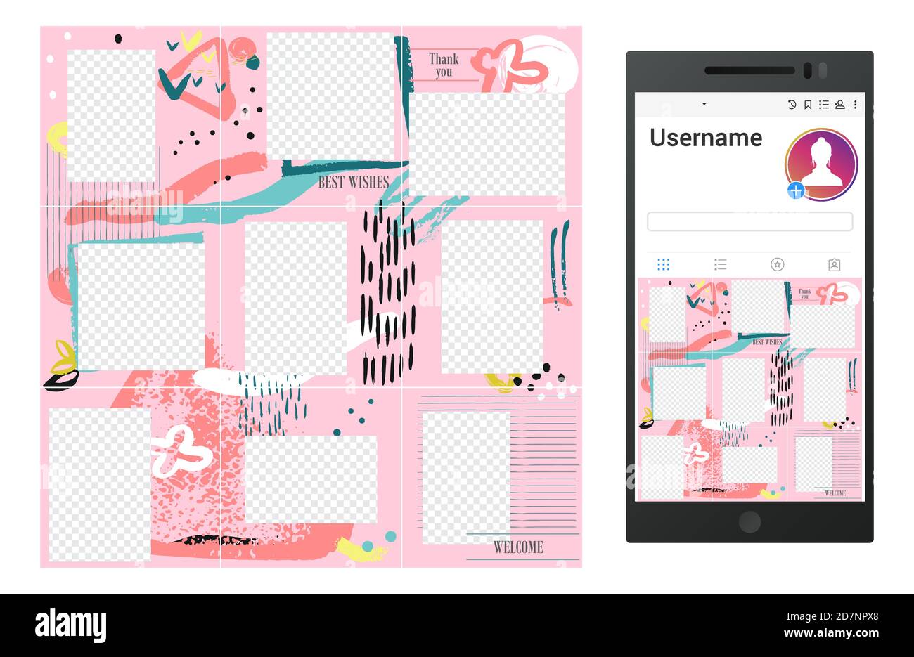 Inspiré par la conception de modèle de puzzle de médias sociaux vectoriel instagram grunge. Illustration du cadre des réseaux sociaux, photos du cadre du téléphone grunge Illustration de Vecteur