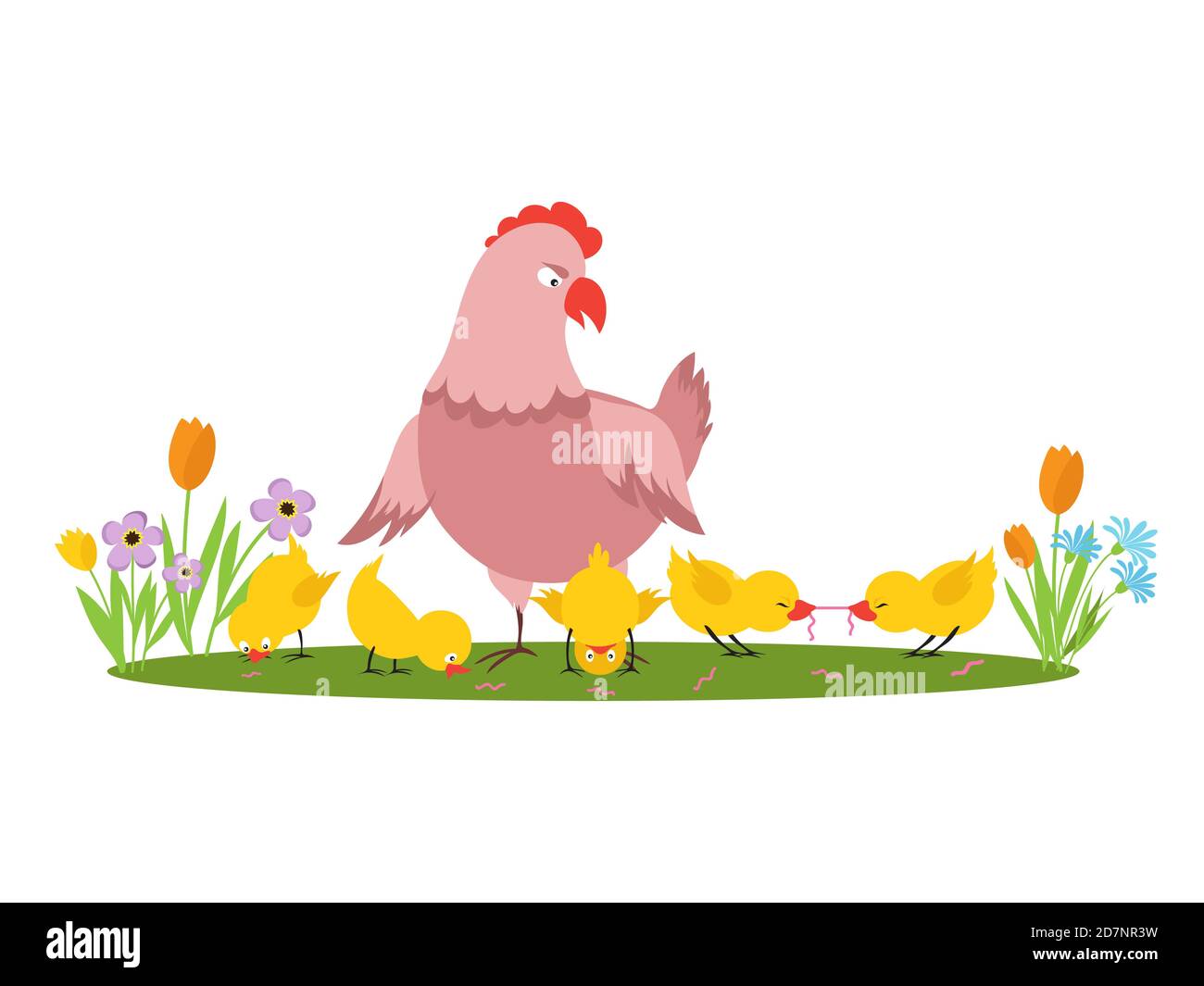 Personnage de dessin animé poule et petits poulets dans le vecteur de prairie isolé sur fond blanc. Oiseau de poulet avec illustration familiale Illustration de Vecteur