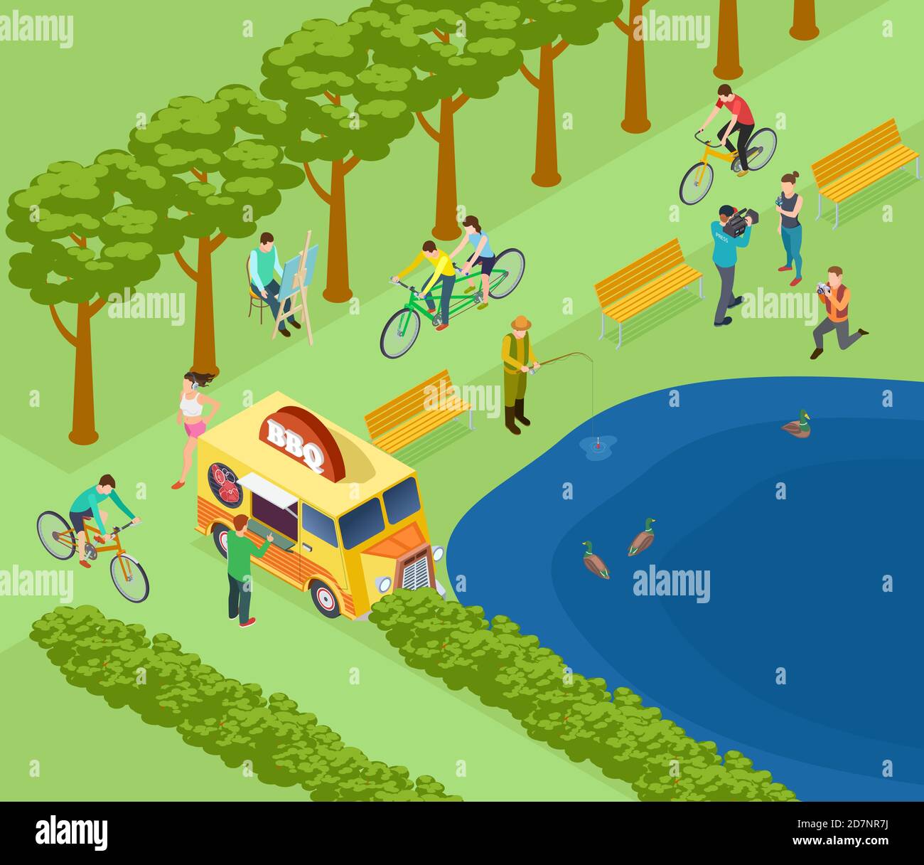 Les gens se détendent dans le parc, font du vélo, photographient et pêchent, mangent et font du jogging. Concept d'illustration vectorielle de parc vert isométrique Illustration de Vecteur