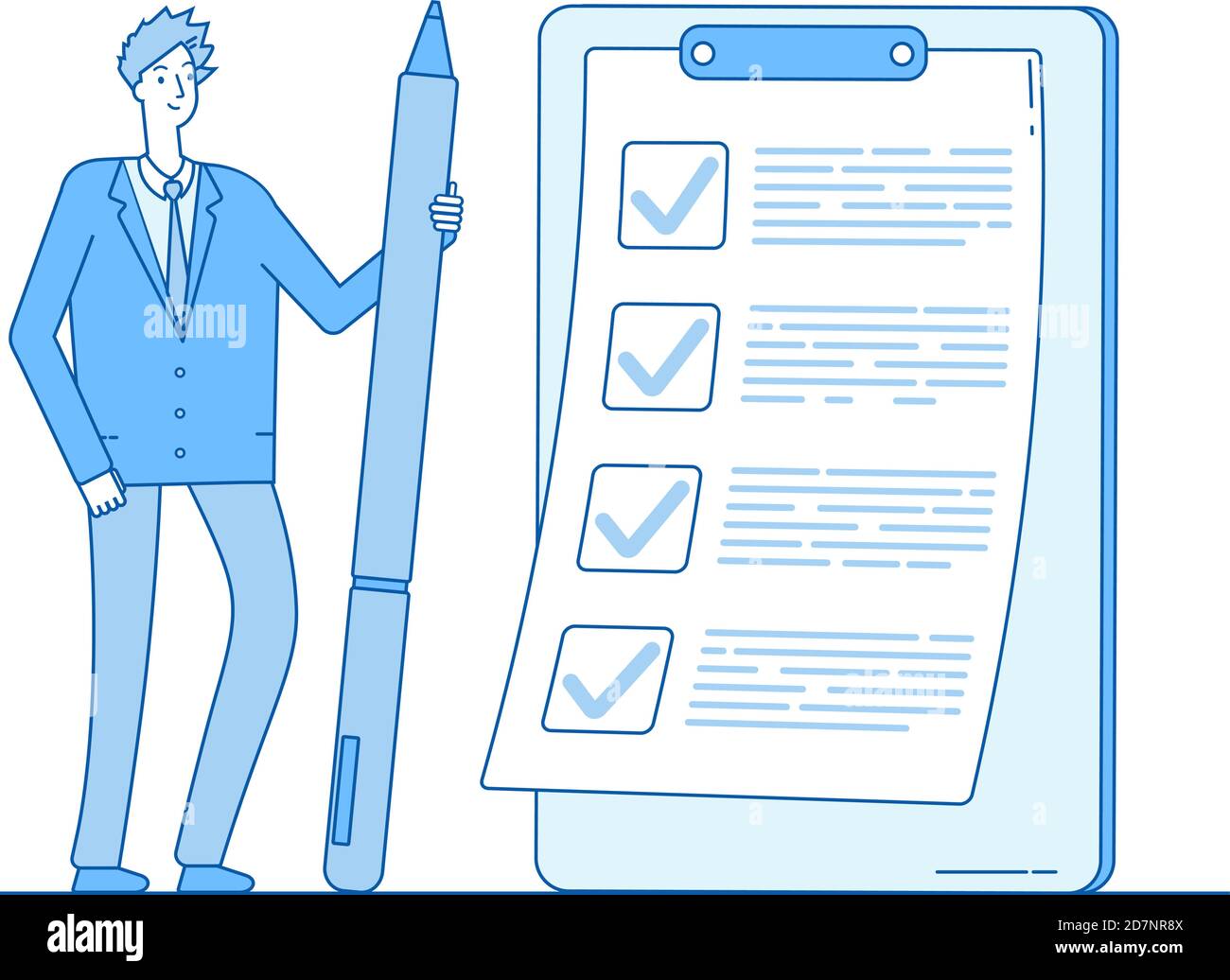 Liste de contrôle homme d'affaires. Personne tenant le crayon dans la liste des tâches du presse-papiers. Concept vectoriel d'inspection d'examen de questionnaire complet. Illustration de la liste de contrôle sur le presse-papiers pour l'entreprise Illustration de Vecteur