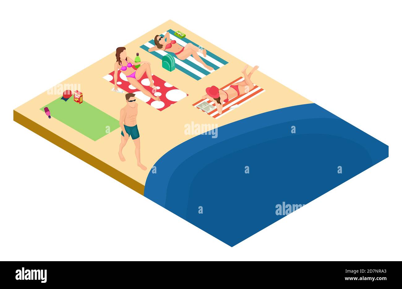 L'homme et les femmes reposent sur le motif vectoriel isométrique de la plage. Illustration du tourisme isométrique sur la plage Illustration de Vecteur