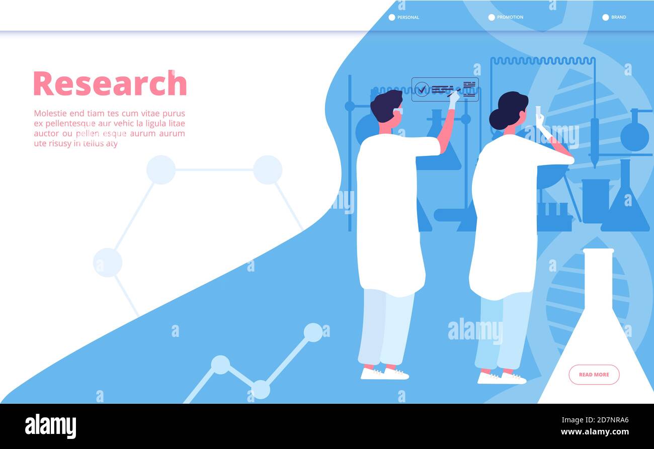 Atterrissage en laboratoire de recherche. Chercheur chimiste faisant des tests cliniques en laboratoire chimique. Concept de vecteur scientifique pharmaceutique. Formation scientifique, recherche sur les chimistes dans l'illustration de laboratoire Illustration de Vecteur