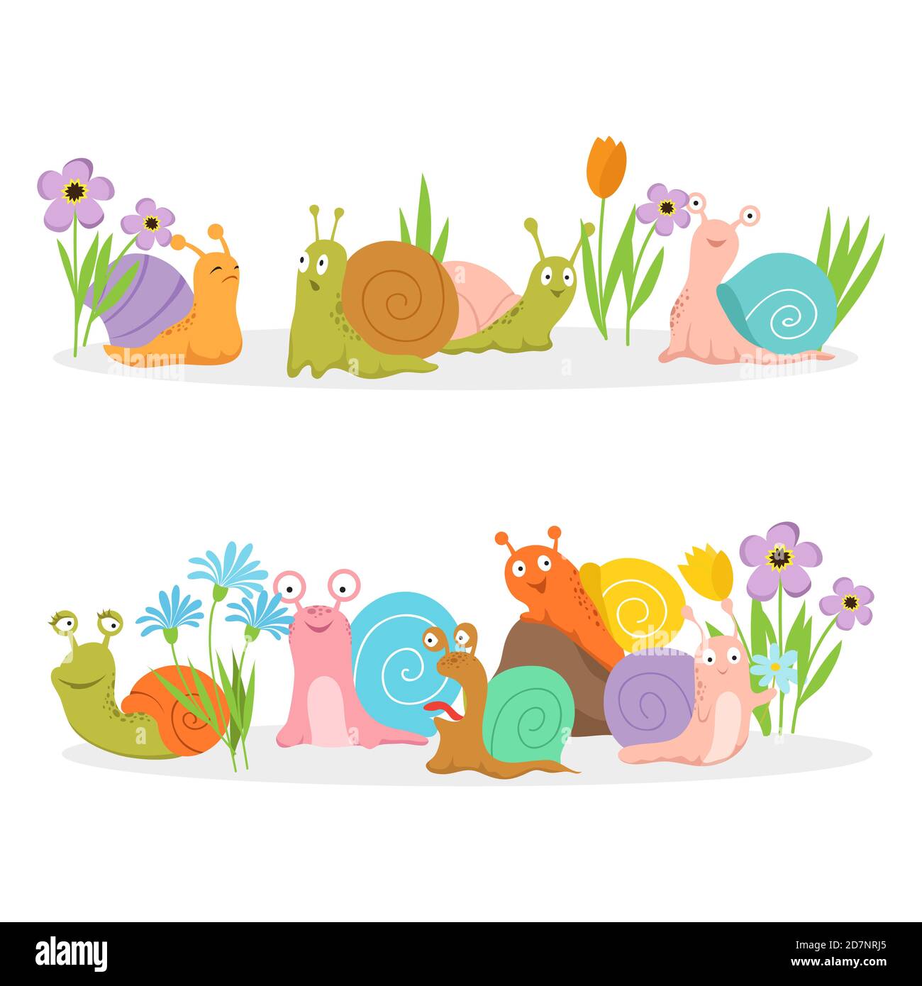 Groupe de personnages de dessin animé escargots avec des fleurs. Carte de créature vectorielle cochlée dans l'herbe et les fleurs lumineuses illustration Illustration de Vecteur