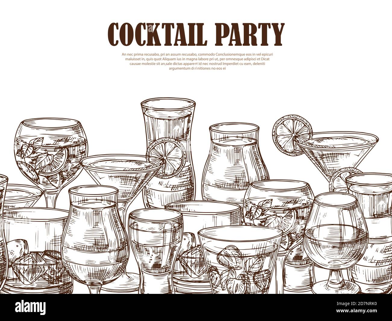 Vector fait des boissons alcoolisées dessinées à la main sur fond transparent. Illustration de la bannière de cocktail de fête, de la boisson de martini en verre et du croquis de boisson Illustration de Vecteur