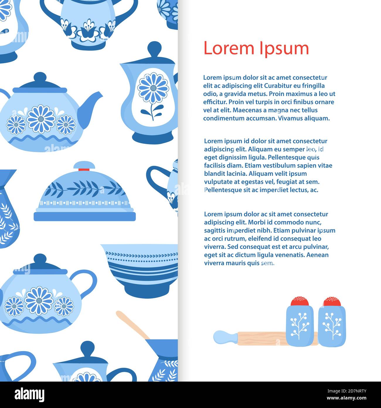 Bannière vectorielle avec gabarit de vaisselle en céramique bleue. Illustration de la poterie bleue en porcelaine, ustensiles de cuisine gzhel Illustration de Vecteur