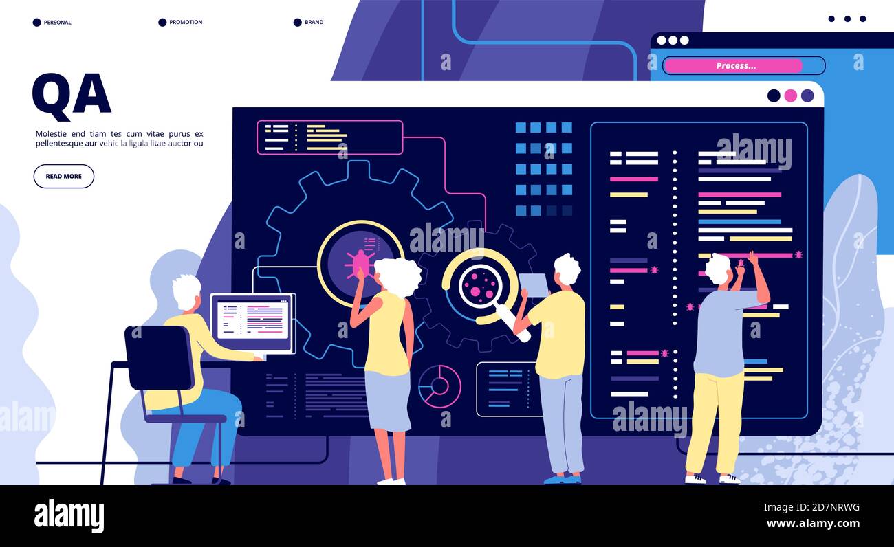 Atterrissage AQ. Assurance qualité des tests logiciels. Personnes corrigeant des bogues dans les périphériques matériels. Conception de page Web vectorielle. Illustration de l'équipe qa, logiciel d'assurance qualité Illustration de Vecteur