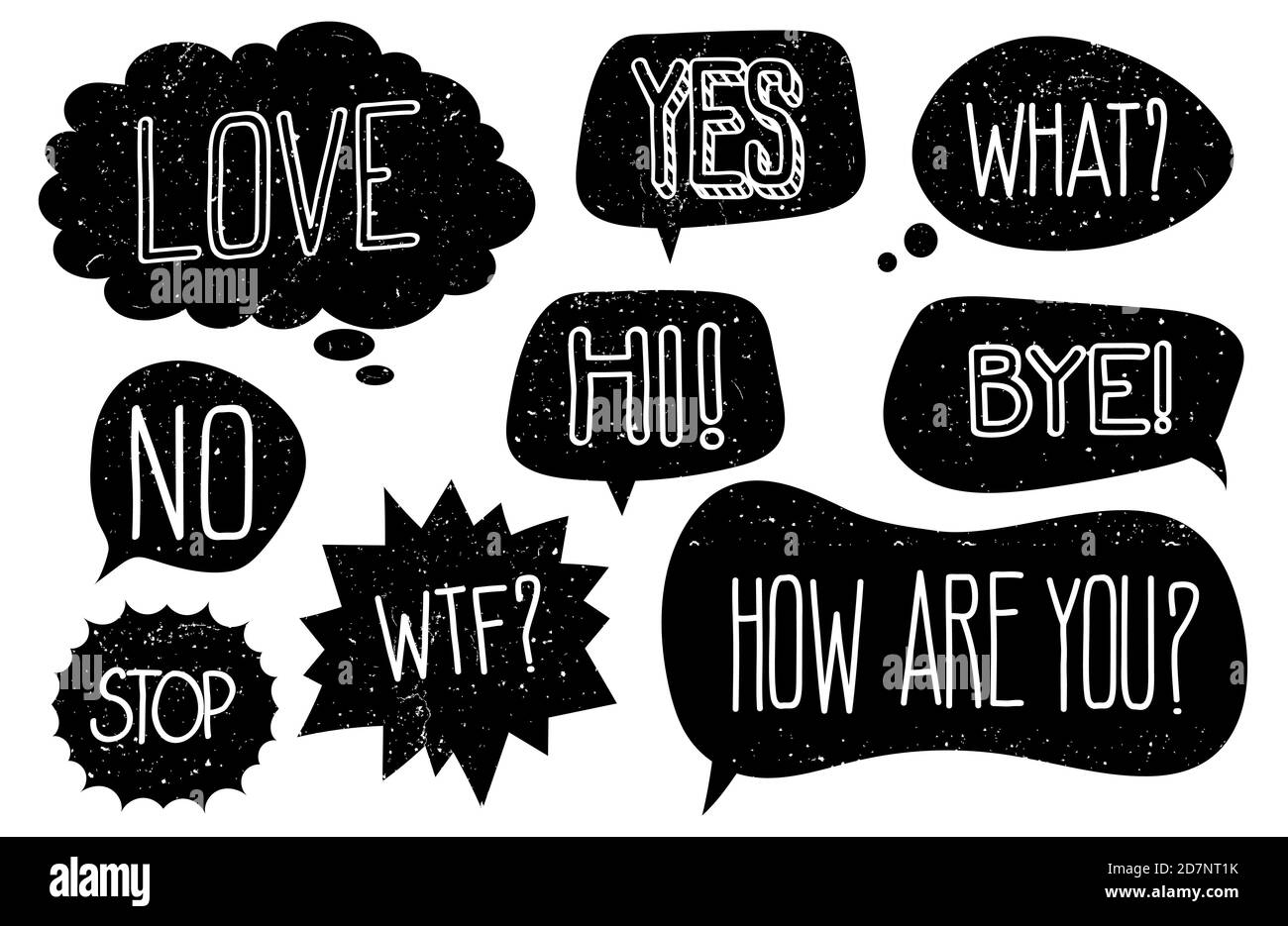 Grunge les bulles de parole avec le vecteur de texte dessiné à la main. Illustration d'une bulle avec texte, message vocal de dialogue Illustration de Vecteur