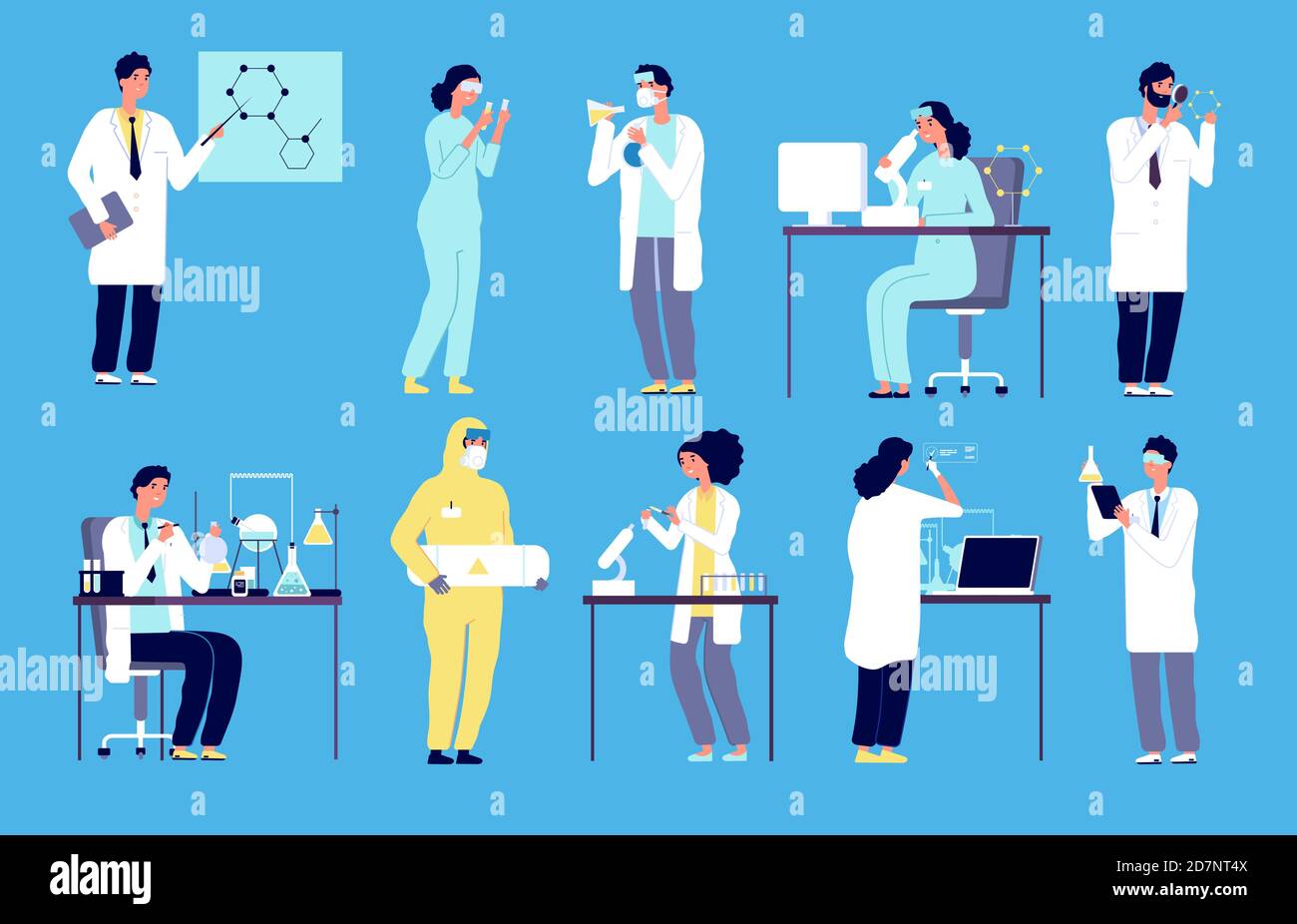 Personnages scientifiques. Personnes en blouse de laboratoire blanche, chercheur en chimie avec équipement clinique de laboratoire. Ensemble de vecteurs de dessins animés isolés. Chercheur en illustration, homme en laboratoire avec équipement Illustration de Vecteur
