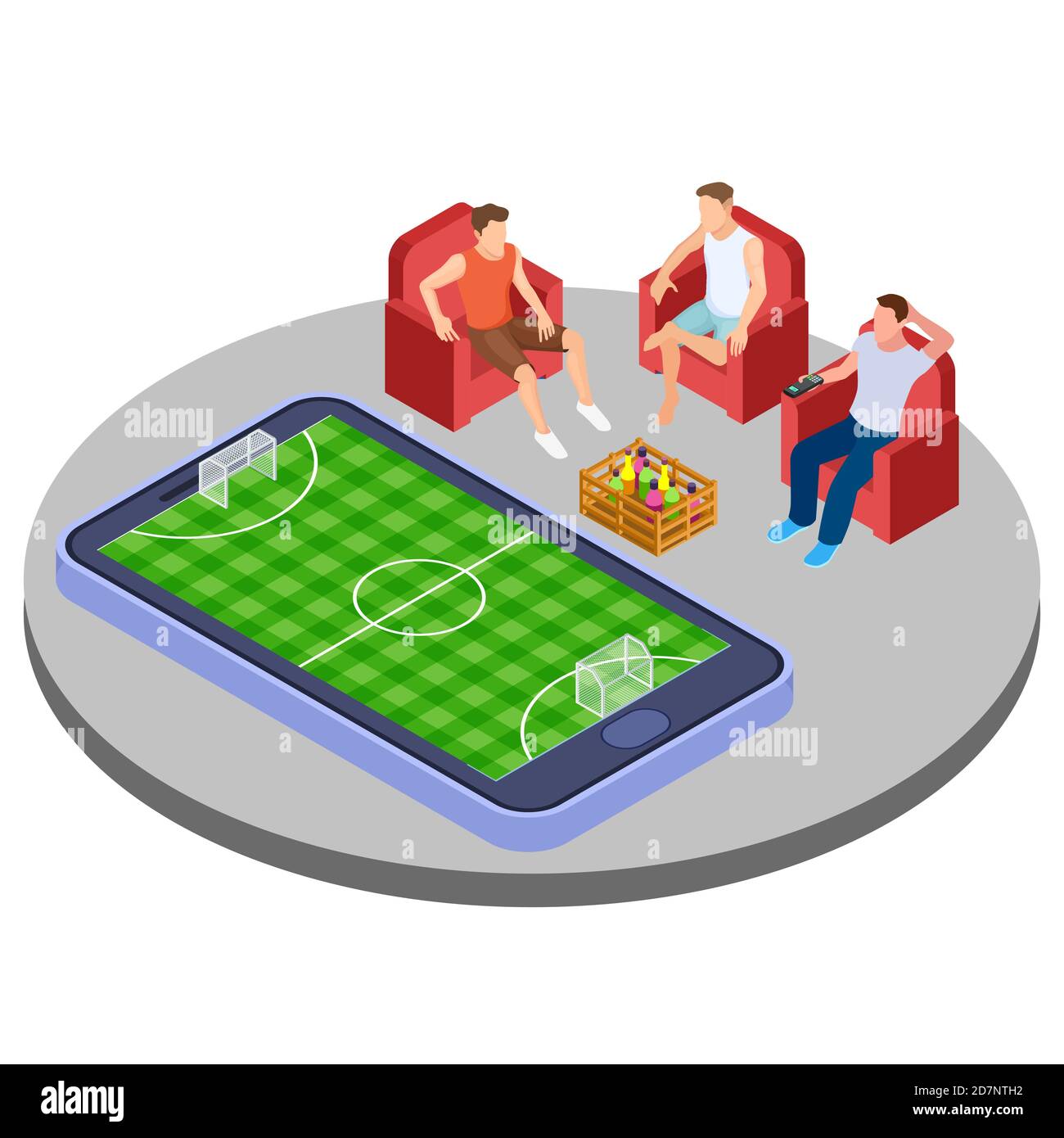 Hommes avec bière regarder football en ligne illustration vectorielle isométrique. Regardez le match de sport football isométrique 3d smartphone Illustration de Vecteur