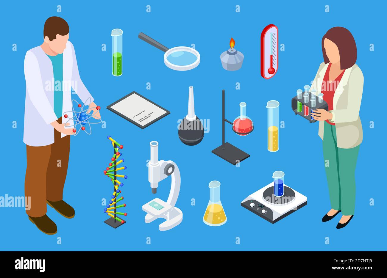 Scientifiques et équipement expérimental. Ensemble vectoriel d'équipement de laboratoire chimique ou médical isométrique. L'homme et la femme scientifiques font des tests expérimentaux dans l'illustration de laboratoire Illustration de Vecteur