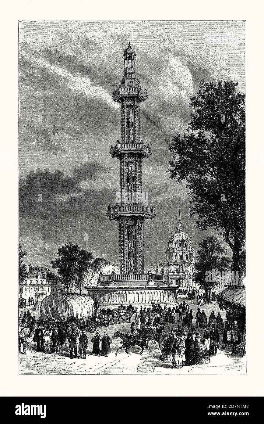 Une vieille gravure montrant une scène surpeuplée à la colonne de fonte du puits artésien de la place de Breteuil, Grenelle, Paris, France vers 1870. Il est issu d'un livre victorien d'ingénierie mécanique des années 1880. Les forages d'eau y ont commencé en 1833 et l'eau s'est écoulée de 1841 pour alimenter un réservoir pour Paris. La colonne haute a été conçue par constant Delaperche. Il a ouvert en 1858. À certains moments, les visiteurs pouvaient grimper sur l'escalier circulaire en fonte qui s'enroule sur la colonne, à d'autres moments en cascade depuis les trois balcons. La colonne a été reprise en 1903. Banque D'Images