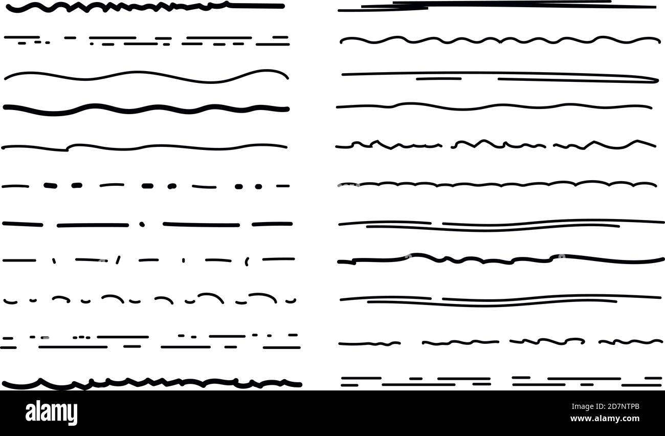 Contours d'esquisse. Traits de pinceau en forme de crayon hachuré, traits texturés de crayon. Bordures de marqueur griffonnez. Jeu de vecteurs de soulignement à la craie fait main. Illustration souligné de façon esquissé, surligner la bande de crayon de dessin Illustration de Vecteur