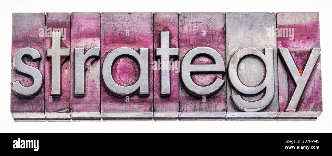 stratégie mot résumé dans gritty vintage typopress types de métal, concept de planification d'affaires Banque D'Images