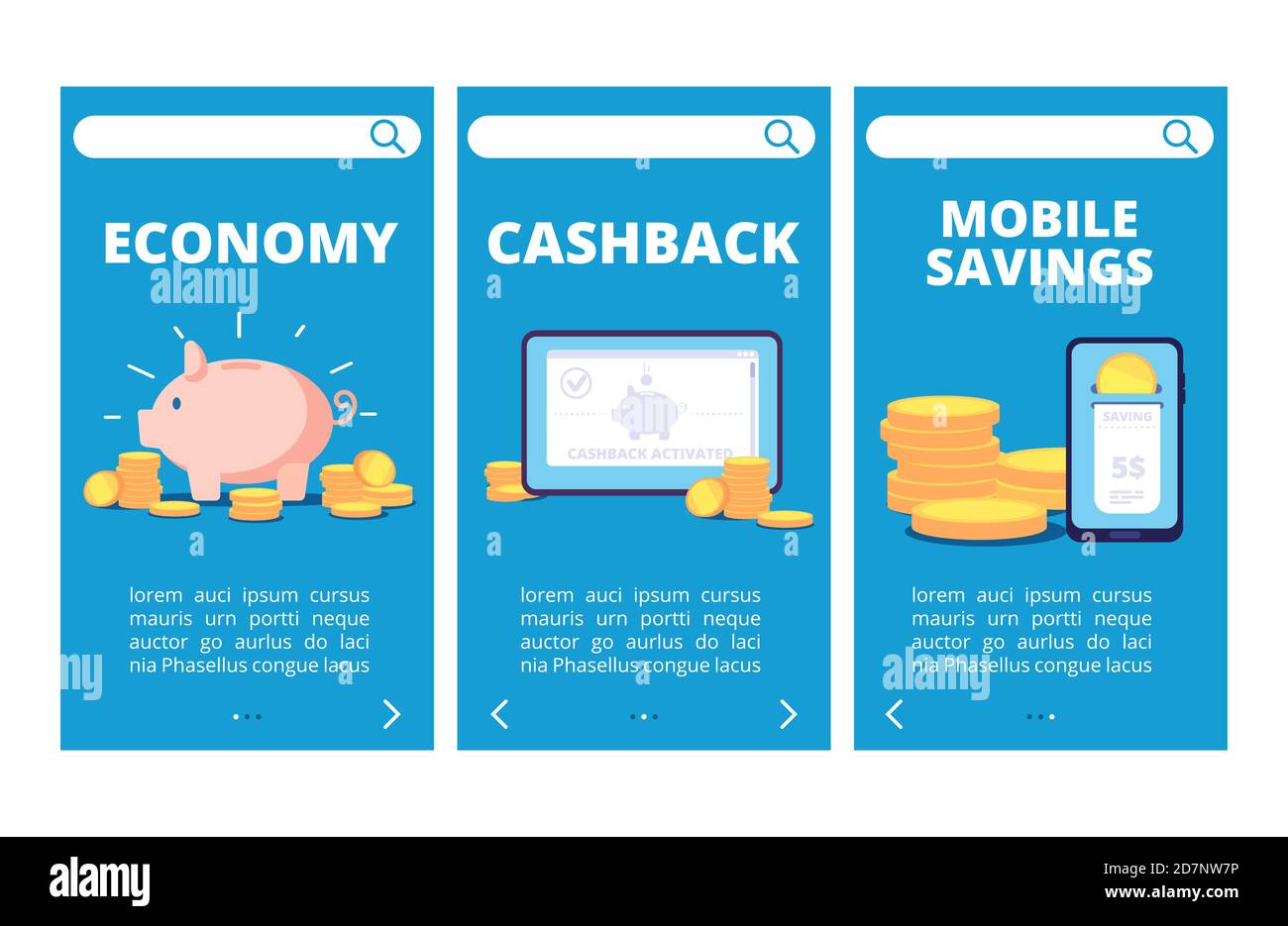 Économisez de l'argent sur les pages d'applications mobiles. Bannières vectorielles bancaires et d'épargne. Illustration de la finance d'entreprise, de la remise en espèces et de la banque en ligne Illustration de Vecteur