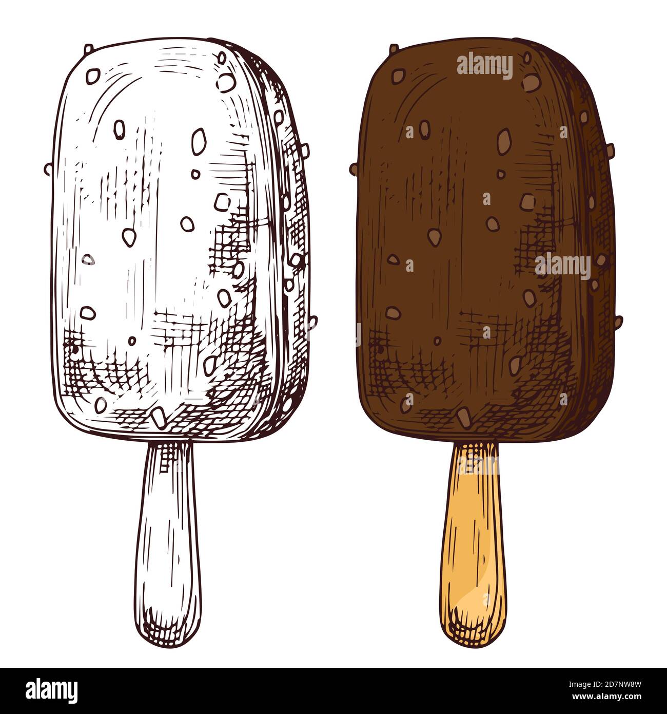 Crème glacée esquissée à la main, noir et blanc et couleur eskimo isolé sur fond blanc. Délicieux dessert glace, glace eskimo, chocolat sur bâton de bois illustration Illustration de Vecteur