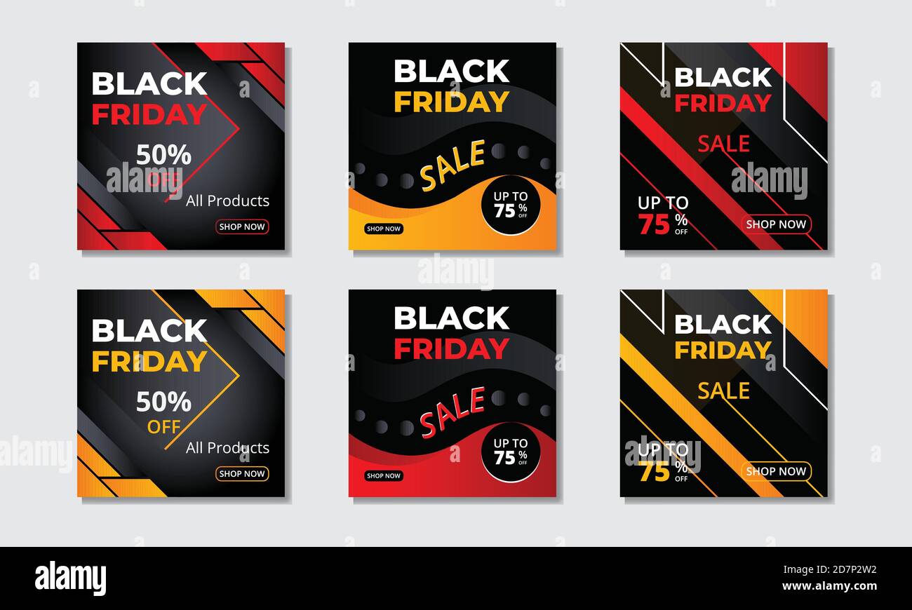 Bannières de solde du Vendredi fou ensemble de post de médias sociaux avec des formes uniques. Illustration de Vecteur