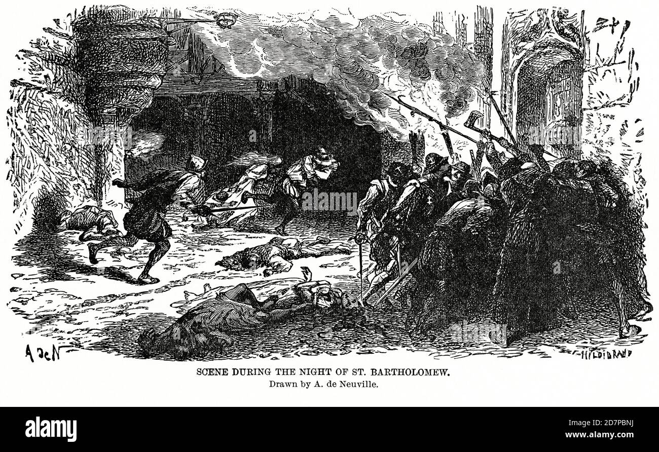 Scène durant la nuit de Saint Bartholomée, dessinée par A. de Neuville, Illustration, Histoire du monde de Ridpath, Volume III, par John Clark Ridpath, LL. D., Merrill & Baker Publishers, New York, 1897 Banque D'Images